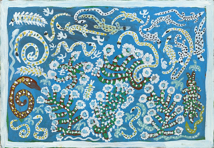 ドットペインティングをはじめ、多彩な作品を展示。Maureen Morrangulu Thompson 《Untitled》1991 National Gallery of Victoria, Melbourne Purchased, 1996 © Maureen Morrangulu Thompson, courtesy of Ngukurr Arts