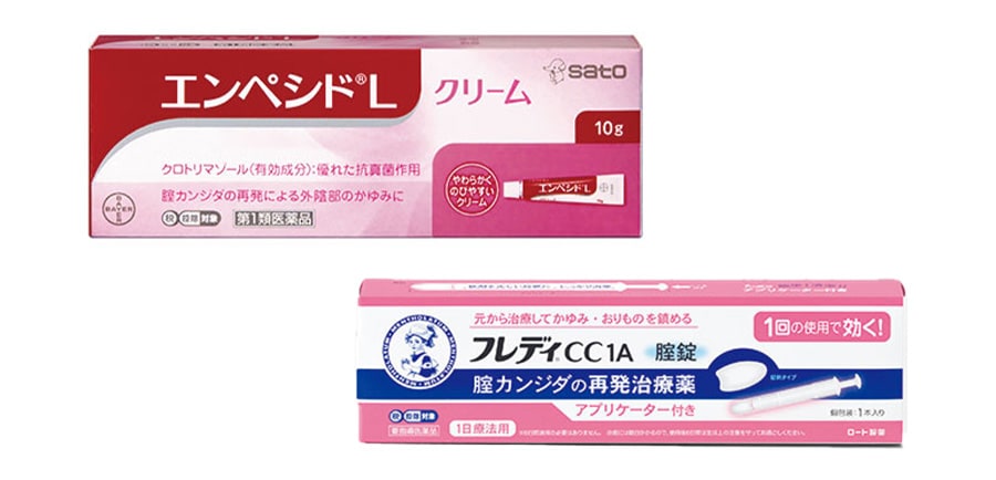 上：エンぺシドLクリーム［第1類医薬品］ 10g 1,958円（編集部調べ）／佐藤製薬、下：メンソレータム フレディCC1A［第1類医薬品］ 1本 3,190円（編集部調べ）／ロート製薬コミュニケーションコール（フレディ）※2～3日塗っても改善しない、余計ひどくなる場合は婦人科へ。