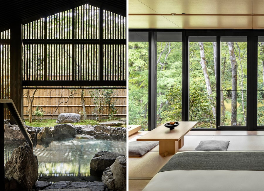 左：「アマン・スパ」の天然温泉露天風呂。 
右：広大な森のなかにたたずむ贅沢な客室。