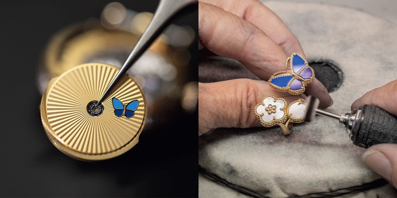 ≪左≫ケースバックに施された回転錘にはミニアチュール ペインティング（細密画）で施された蝶があしらわれて。≪右≫リングに仕上げの研磨を施しているところ。輝きを引き出すミラーポリッシュ技法は、極めて高度な技術を要するサヴォアフェールでメゾンを代表する技法のひとつ。