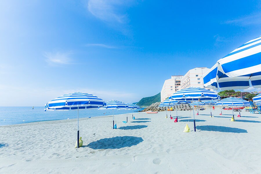 宿泊者専用のプライベートビーチとプールが備わっている。海を見晴らすガーデンでのお散歩もできる。