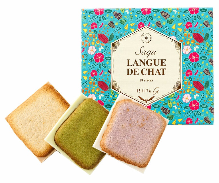 彩りラング・ド・シャ。「ISHIYA G サク ラング･ド･シャ アソート」18枚入（キャラメル･北海道チーズ･北海道ワイン･ジャンドゥーヤ･ミルク･抹茶ミルク 各3枚）2,160円／ISHIYA