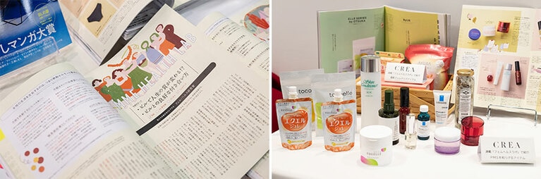 左：CREAの連載「フェムヘルスラボ」。右：これまで連載「フェムヘルスラボ」で紹介してきた、PMSを和らげるアイテムを展示。