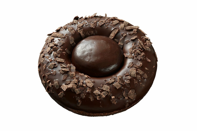 フォンダンショコラドーナツ ショコラ 200円。しっとり濃厚なチョコレートドーナツ生地に、カカオの風味豊かなガナッシュクリームを絞ったひと品。ボンボン・ショコラ「ピエール マルコリーニ グランクリュ」をイメージ。