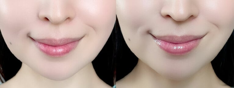 左から、ジェルオイルリップス使用前、使用後。