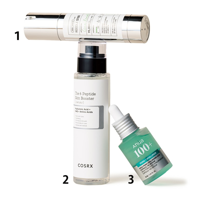 1：微細針が本来届きにくい肌の奥までCICA成分を届ける。リードルショット100 50mL 3,520円／VT COSMETICS 
2：高機能なのに低刺激で、ゆらぎ肌とも相性抜群。COSRX RX ザ・6ペプチドスキンブースターセラム 150mL 2,480円／潮音コスメティック 
3：人気の美容医療・リジュランにも使用される注目成分PDRN配合。Anua PDRNヒアルロン酸カプセル100セラム 30mL 3,450円／The Founders JAPAN