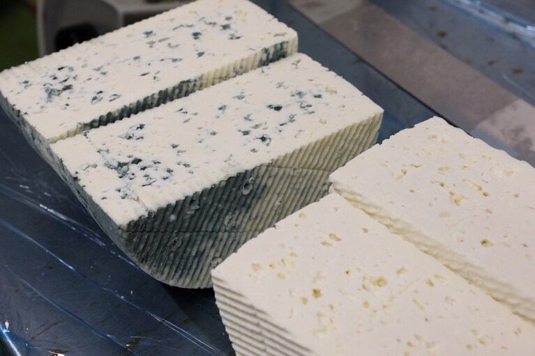 空気穴の周辺に青カビが繁殖し、大理石のようなブルーチーズの断面。