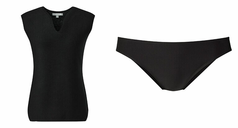 左から、3D ノースリーブセーター 2,990円、エアリズムウルトラ シームレスショーツ(レギュラー) 790円。