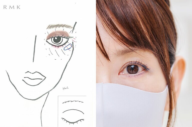 目の周りに使った「ルミナス　ペンブラッシュコンシーラー 05」は、放射状の黒線部分。ハイライト的に使った01は、赤線の部分です。スティックタイプのハイライター「グロースティック」は、青で囲った部分に入れています。アイシャドウは、全体に入れたのが、「キセルWライナーの02(モーヴ)」、目尻が「01(ミント)」。マスカラは「マットマスカラ N 03 (ネイビー)」を使用。眉は、「パウダーアイブロウN」の後に「Wアイブロウカラーズの03」を使用。