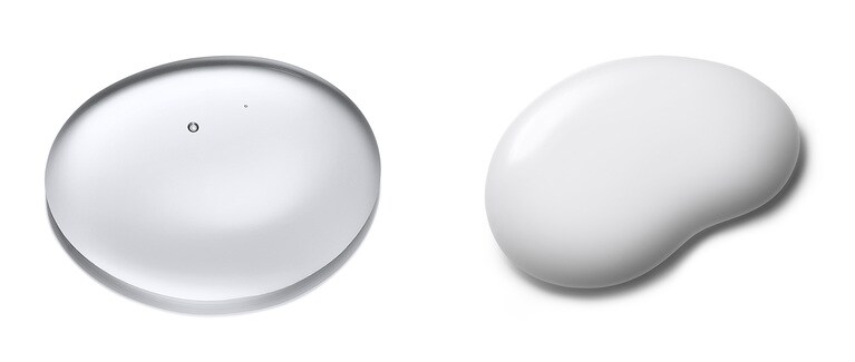 左がローション、右が美容液。どちらも肌にしっかりなじんでとどまる感触が頼れる。