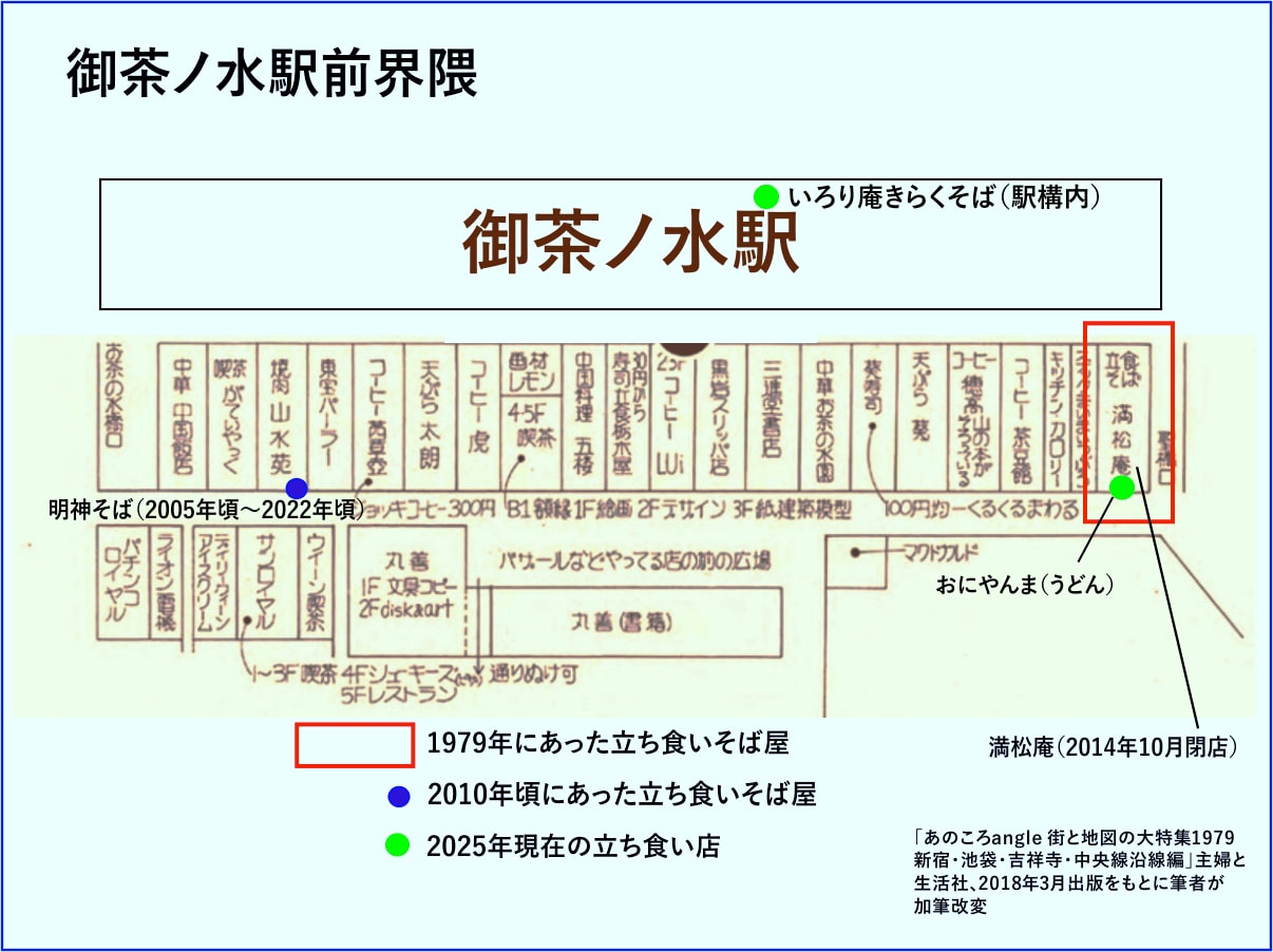 御茶ノ水駅前界隈の商店街(地図の手書き文字部分を『あのころangle 街と地図の大特集1979 新宿・池袋・吉祥寺・中央線沿線編』から引用)