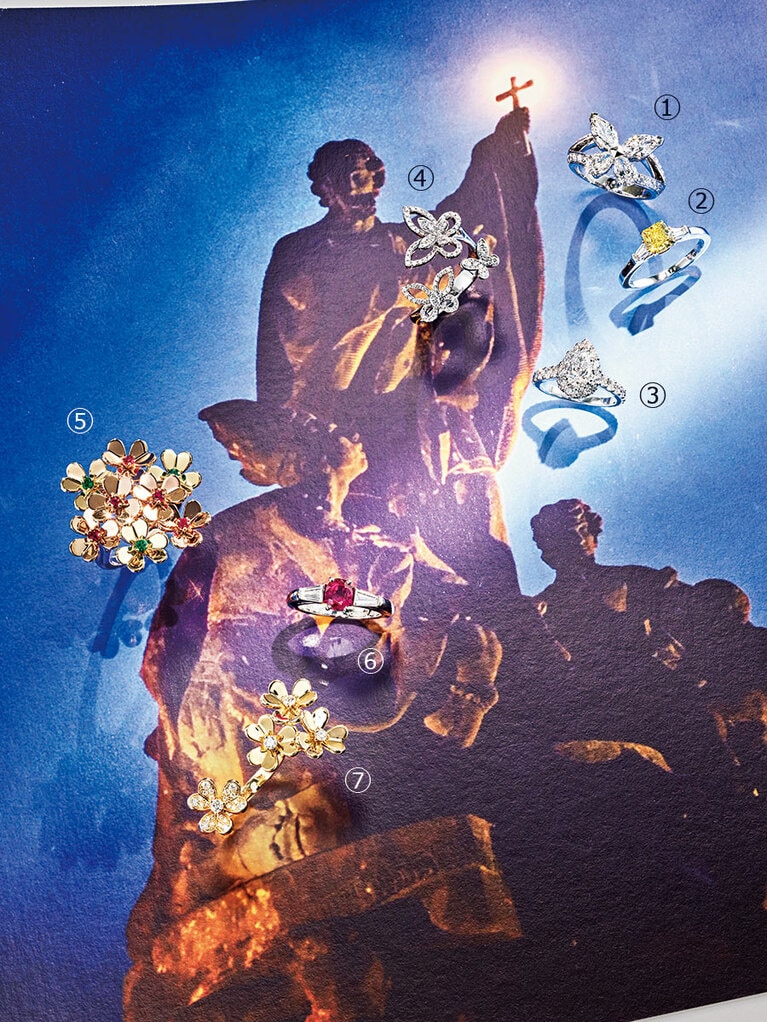 ①「ザ クラシック バタフライ」(WG×DIA) 7,100,000円
②「ザ グラフ プロミス」(PT×YG×センターイエローDIA0.94ct) 3,650,000円
③「ザ グラフ アイコン」(WG×センターDIA1.3ct) 1,500,000円
④「ザ バタフライシルエット」(WG×DIA) 1,050,000／①～④グラフ
⑤「フリヴォル」(RG×YG×ルビー×エメラルド) 1,557,600円
⑥「ソナタ ソリティア」(PT×DIA×ルビー1.19ct) 11,682,000円
⑦「フリヴォル」(YG×DIA) 1,359,600円／⑤～⑦ヴァン クリーフ＆アーペル