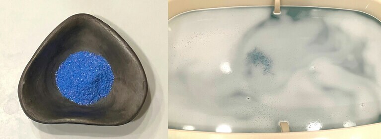 真っ青なパウダーを溶かすと、いっせいに炭酸泡が。溶け切ったあとは、クリアブルーの湯に。シラカバやシダーウッドの香りで瞑想気分に浸れる。