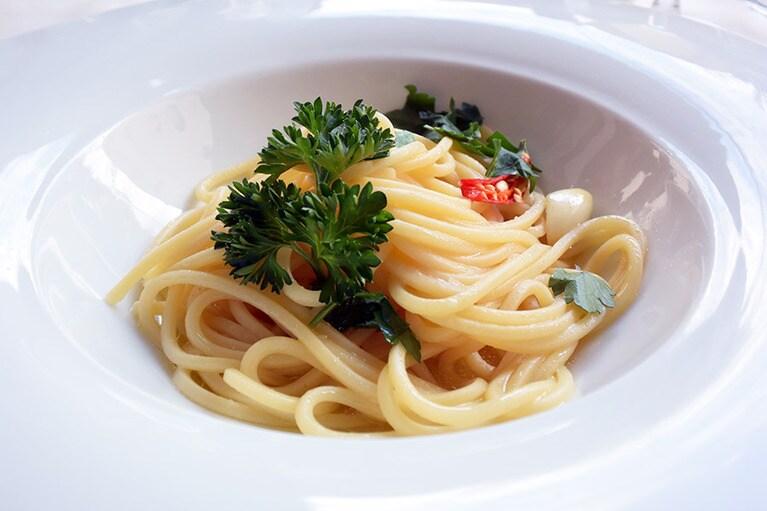 これがスパゲッティ・コン・コラトゥーラ・ディ・アリーチ。ペペロンチーノのような、コラトゥーラのスパゲッティ。