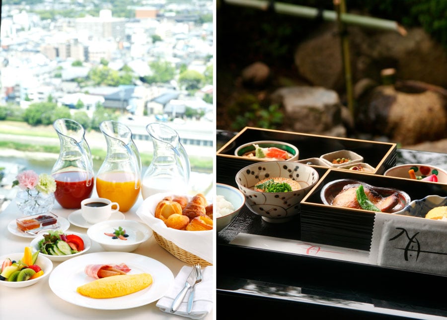 左：フレッシュなおいしさいっぱいのブッフェ朝食が人気の「トップラウンジ オリゾンテ」。 
右：「京料理 入舟」では、心がなごむ和朝食を。