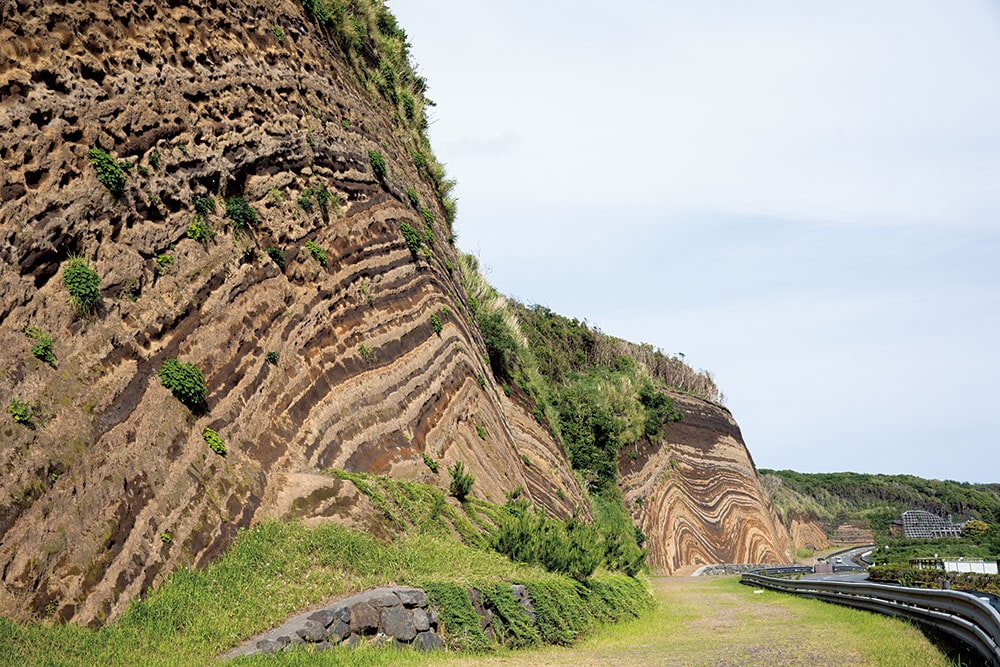 大島一周道路を走っていると突如現れる「地層切断面」。噴火を繰り返してきた島の歴史がここに。