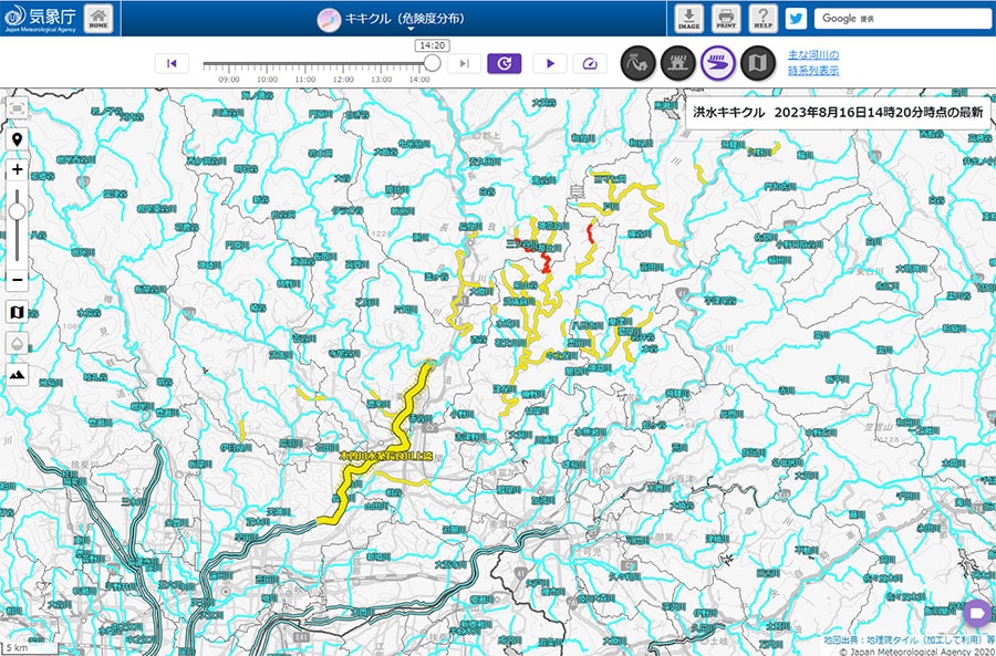 2023年8月16日14時20分時点の「洪水キキクル」画面＝気象庁のWEBサイトから。大雨による土砂災害の危険度は「土砂キキクル」、短時間の強雨による浸水害の危険度は「浸水キキクル」で確認できる。