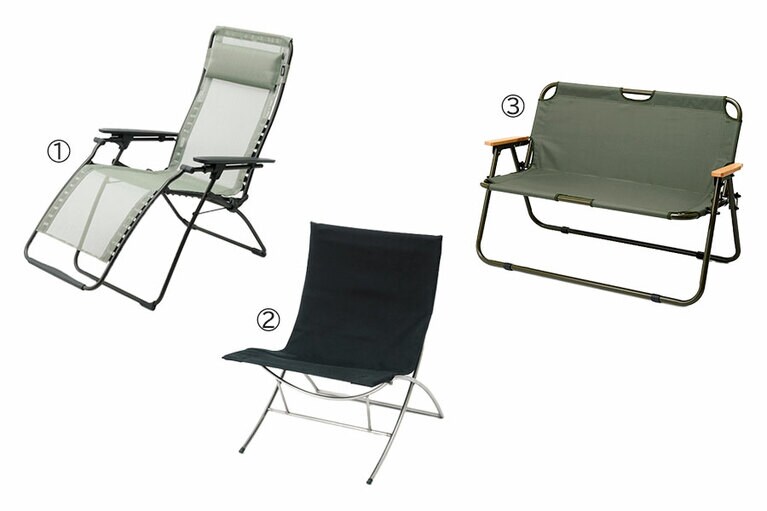 ①リクライニングチェア FUTURA BATYLINE ISO H115×W70×D83cm 33,300円／ラフマ(クロスシースペース) 
②フォールディングチェア H70×W57×D60cm 107,800円／KITAWORKS 
③アウトプット ライフ フォールディングソファー H73×W115×D61cm 13,200円／プライウッド(プライウッド ニホンバシ店)