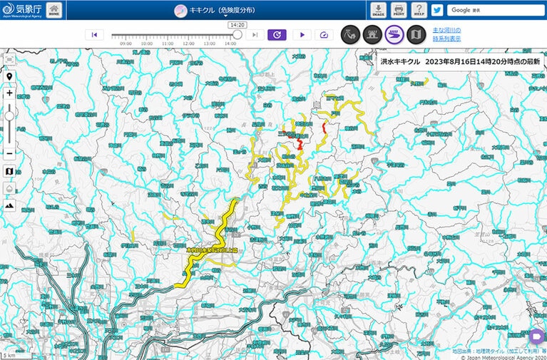2023年8月16日14時20分時点の「洪水キキクル」画面＝気象庁のWEBサイトから。大雨による土砂災害の危険度は「土砂キキクル」、短時間の強雨による浸水害の危険度は「浸水キキクル」で確認できる。