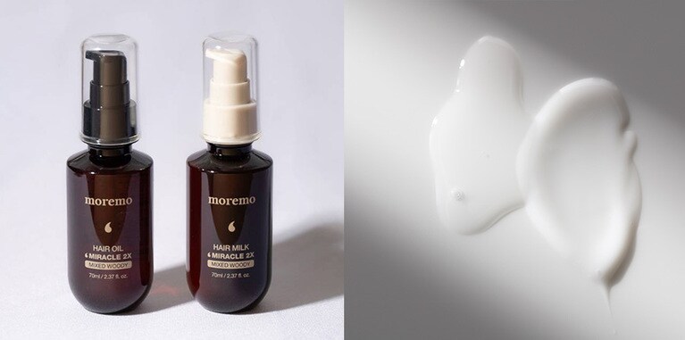 左から：moremo ヘアオイル ミラクル2X MIXED WOODY Edition 30mL 1,738円、同 ヘアミルク ミラクル2X MIXED WOODY Edition 30mL 1,738円／ともにWONDER LINE（4月中旬ロフト先行発売）