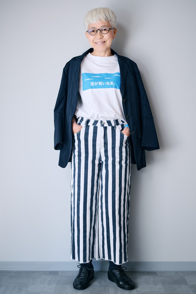 Tシャツは、大好きなYouTubeチャンネル「ゆっくり不動産」さんの「空が青いなあ。」Tシャツ。私が買うにしてはお高かったのですが、とても 可愛かったので思い切って購入。ジャケットは＋J。