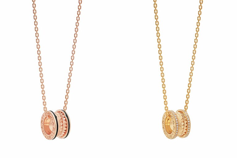 ビー・ゼロワン ロック ネックレス。写真左から18Kピンクゴールド(ブラックセラミック)  320,000円、18Kイエローゴールド(パヴェダイヤ)  600,000円。