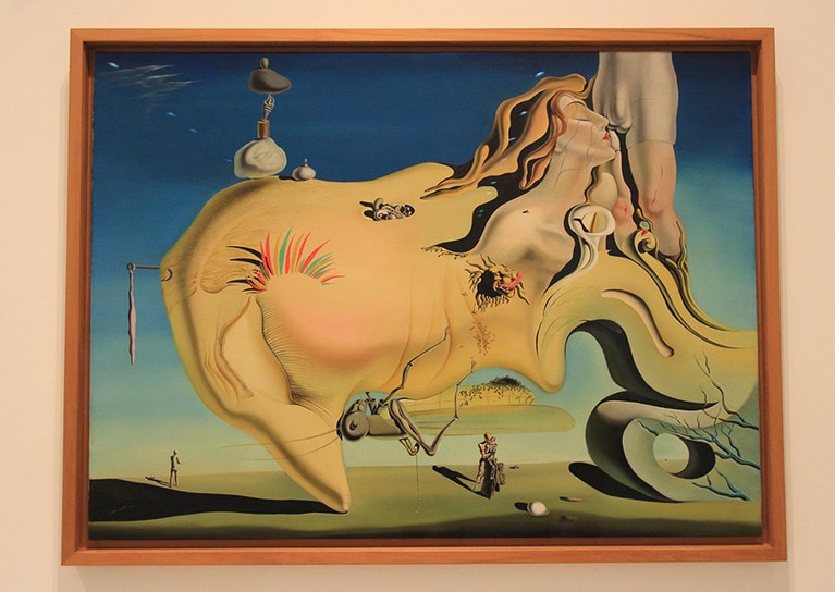 サルバドール・ダリの「大自慰者」は、シュールレアリズム初期の作品。「窓際の少女」の4年後の1929年に描かれた。中央にあるのは故郷カタルーニャの海岸の岩であり、横顔の自画像だという。