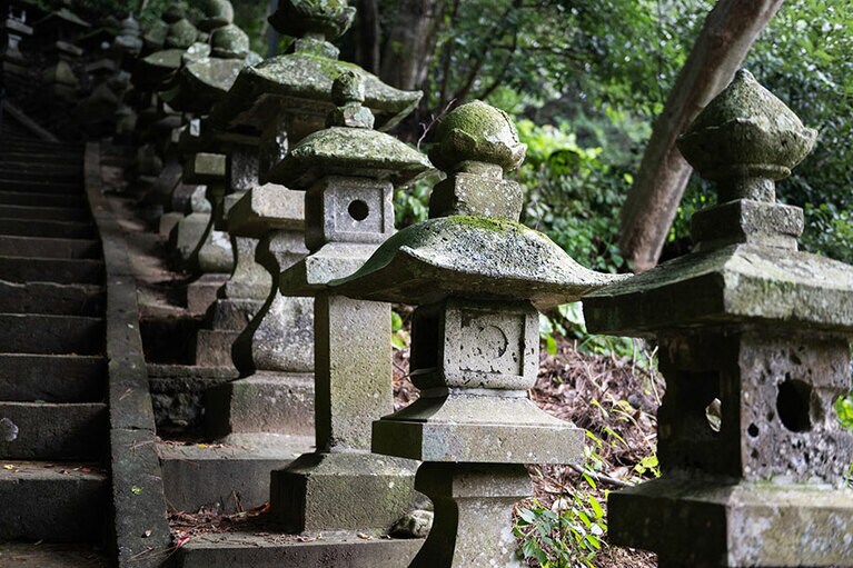 石段のサイドに石灯篭が続いています。