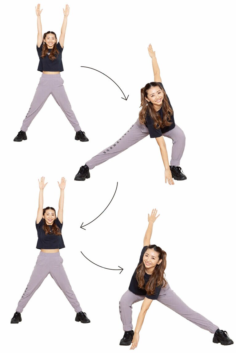 (6) 足をしっかり広げ、大きく両手を上に上げる→右手を左足の近くの床につける→両手を上げる→左手を右足の近くの床につける。これを8回繰り返す。次にスピードアップ＆短縮し、右手を左足の近くにつける→左手を右足の近くにつける、これを16回続ける。お尻と内もものエクササイズ。