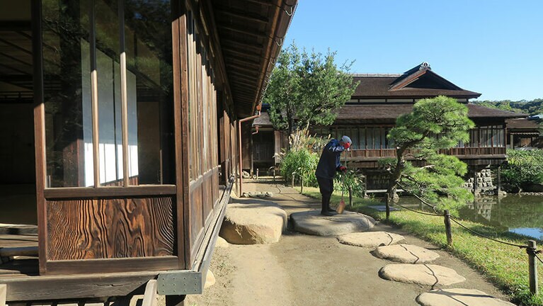 30年ぶりとなった臨春閣の保存修復工事費用はなんと3億5千万円。草木の手入れやガイドにはボランティアの協力も。