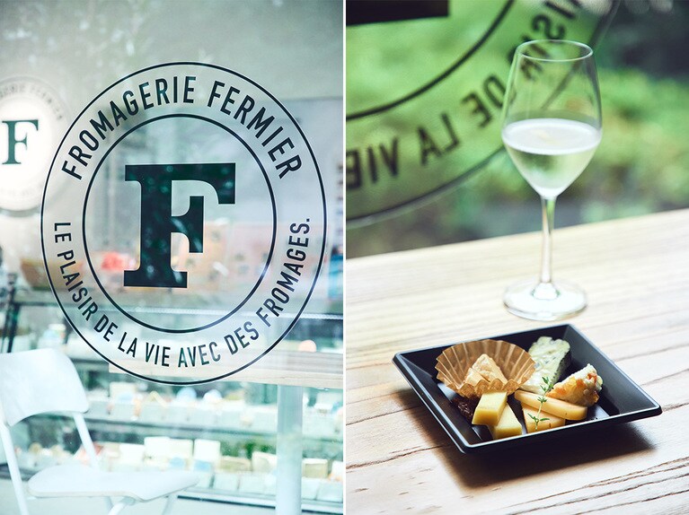 左：チーズ専門店「フェルミエ白金台店」。右：「チーズプレート」1,390円、グラスワイン960円～。