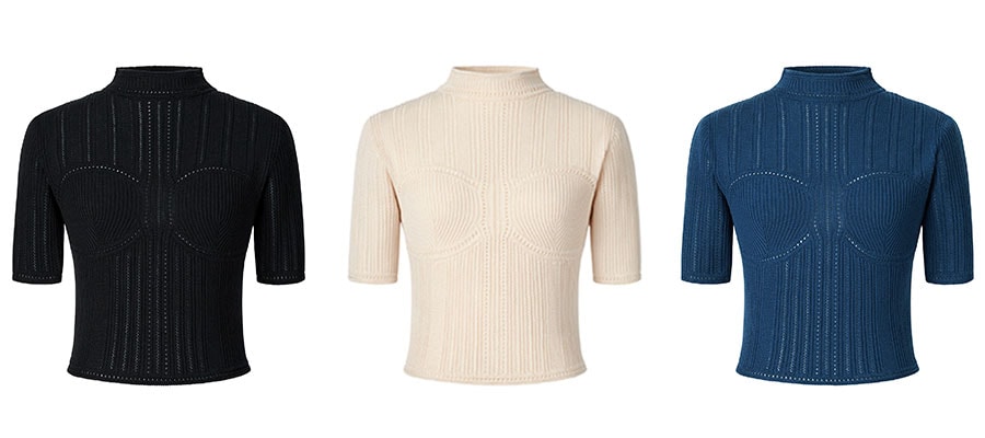 3Dメッシュセーター（5分袖） 3,990円。写真左から、09 BLACK、30 NATURAL、64 BLUE。