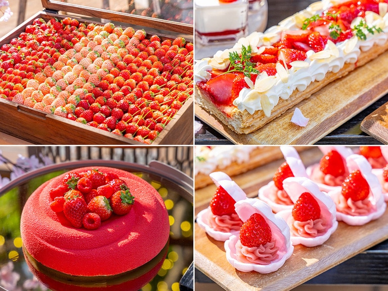 スイーツビュッフェのメニュー例。左上より時計回りに、宝石のように並ぶフレッシュな「旬のいちごビュッフェ」「ストロベリーパイ」「いちご最中」「いちごチーズケーキ」。
