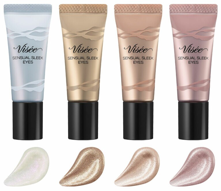 ツヤのあるジェルクリーム状のシャドウがぴたっとまぶたに密着。ヒアルロン酸やミネラルオイルなどの美容液成分も配合され、1日中乾かずツヤも持続。写真左から、ヴィセ リシェ センシュアルスリーク アイズ SP-1 ピンクスパークル、GD-2 ゴールドスパークル、BE-3 スキンベージュ、PK-4 ベージュピンク各8g 1,100円(編集部調べ)／コーセー