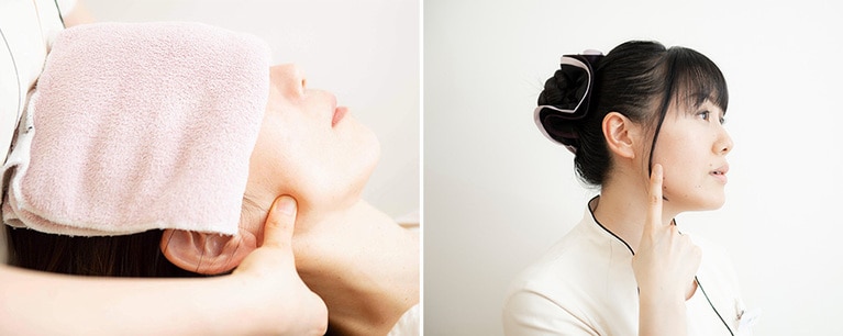 「咬筋」は、写真の指の辺り。詫摩さんに、指をさして教えていただきました。