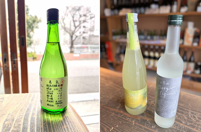 高知では珍しい極甘口の「亀泉 純米吟醸生原酒 CEL-24」、ゆずのリキュール「濱川商店　美丈夫 ゆず」、高知県春野町産の土佐ベルガモットのリキュール「土佐鶴酒造 土佐ベルガモットリキュール」。