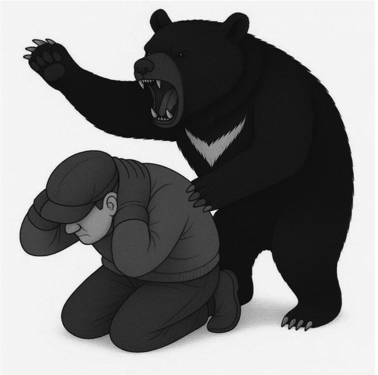 クマから身を守る「ダンゴムシ・ポーズ」（中永士師医師提供）。「とにかく顔と首を守ることです。目は治せませんし、顔には重要な神経がたくさん通っています。首はやはり頸動脈をやられると生命に関わるので」（中永医師）