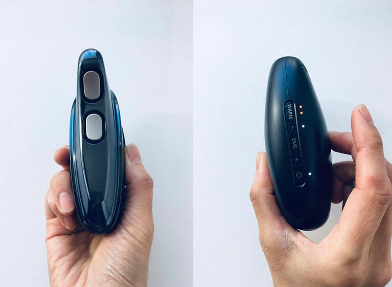 左写真のシルバー部分にEMSの電極がある。温感とEMSはレベル調整が可能。