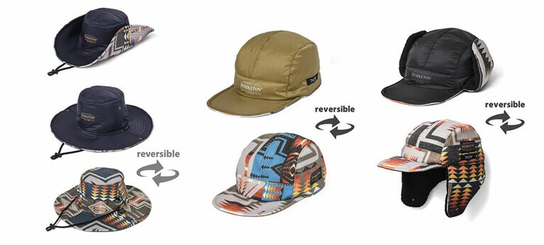 (左)REVERSIBLE SAFARI HAT 5,400円＋税／(中央)REVERSIBLE JET CAP 5,000円＋税／(右)REVERSIBLE WARM CAP 5,400円＋税。