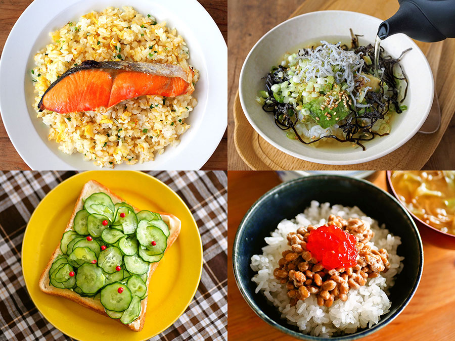 8月のレシピ。焼き鮭のっけ卵チャーハン(左上)、きゅうり1本のっけトースト(左下)、アボカド・塩昆布のっけ茶漬け(右上)、すじこ納豆のっけごはん(右下)。