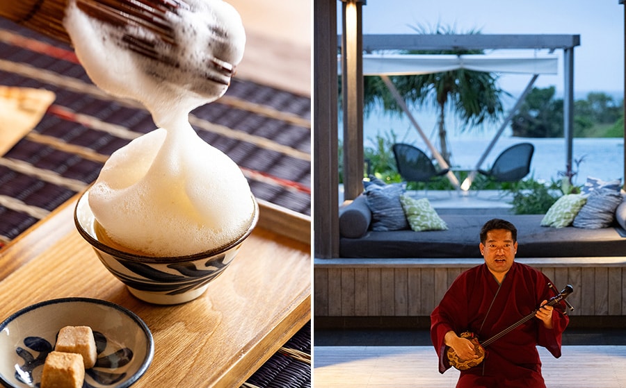 写真左：沖縄古来の風習「ぶくぶく茶」は宿泊ゲストは無料で体験可能。写真右：夕暮れの「集いの館」ではさまざまな琉球伝統芸能が楽しめる。