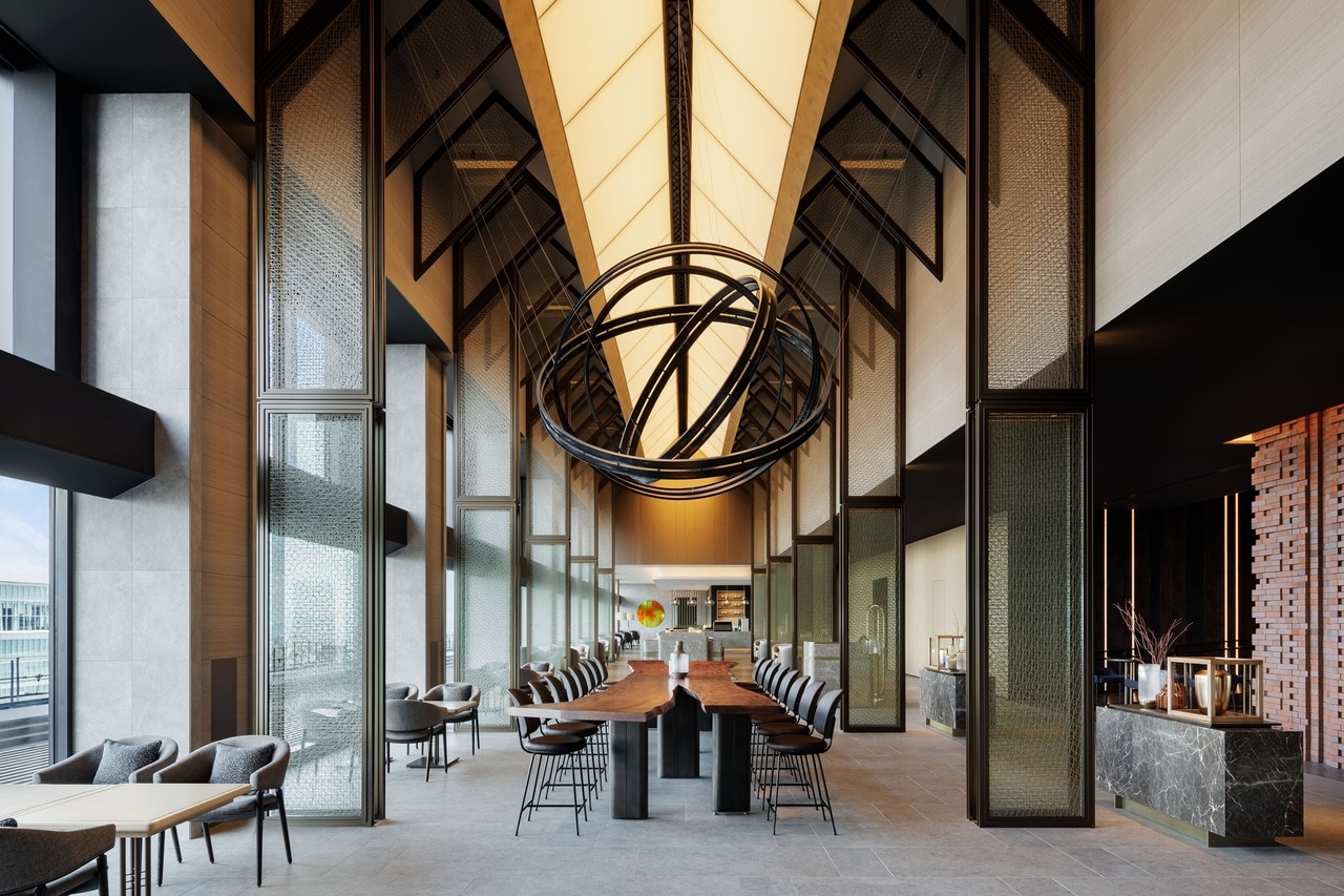 地上約140メートルからの絶景が楽しめ、初代大阪駅の切妻屋根をモチーフにした天井高約10メートルの“光の屋根”と、線路に見立てた巨大なアートが象徴的な「THE LOBBY LOUNGE（ザ ロビーラウンジ）」（29階）。