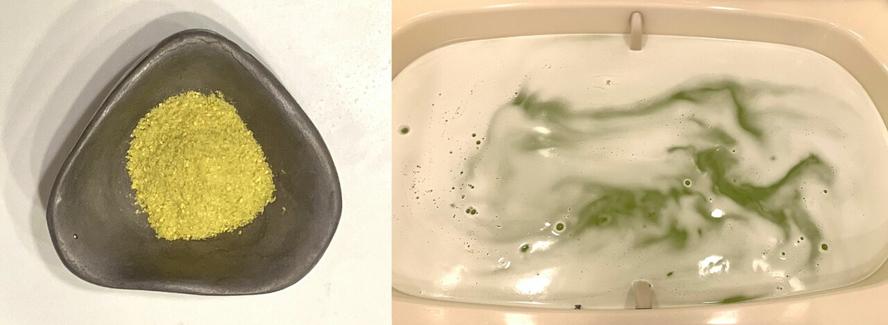 中身は黄色いパウダー状。溶かすと瞬時に超微細な泡がシュワシュワ立ち初め、炭酸浴を楽しめる。少し甘さもある、マイルドな白樺の花の香り。