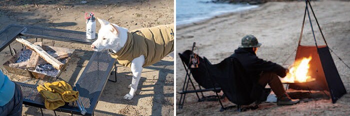 写真左から、焚き火テーブル、焚き火リフレクター(タキビノムコウ／DOD)。