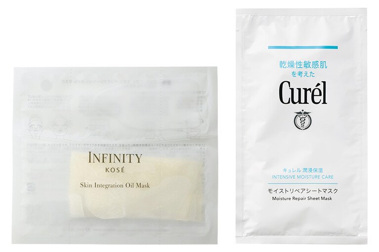左から：インフィニティ スキン インテグレーション オイル マスク 1枚 1,650円(編集部調べ)／コーセー、キュレル 潤浸保湿 モイストリペアシートマスク 4枚 1,650円(編集部調べ)［9/11発売］／花王