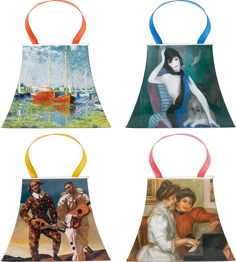 クロード・モネ“赤いボート アルジャントゥイユ”(左上)や、オーギュスト・ルノワール“ピアノを弾くイヴォンヌとクリスティーヌ・ルロル”(右下)などがセットされたシャンパンコレクション。HACCI はちみつ洗顔石けん トラベルサイズ＜オランジュリーシャンパンコレクション＞ 5g×4個セット 1,800円(数量限定発売)。