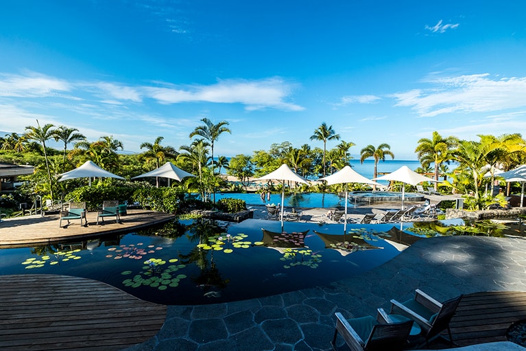 静かな時が流れるリゾート内。水盤に蓮の花が咲き、その向こうにはアダルトプールが。