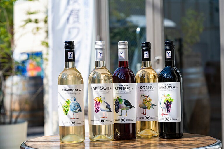 左から：THE CHARDONNAY NO.1 2020(酸化防止剤無添加)3,200円、THE DELAWARE NO.1 2020 3,200円、THE STEUBEN NO.1 2019 3,200円、THE KOSHU NO.1 2018 2,900円、THE YAMABUDOU NO.1 2019 3,200円。