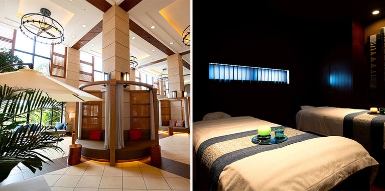 〈左〉南の島のリゾートならではの空気に包まれるロビーエリア。〈右〉上質な沖縄の癒やしを体感できる「The Green SPA」。アロマボディライト45分 13,200円～