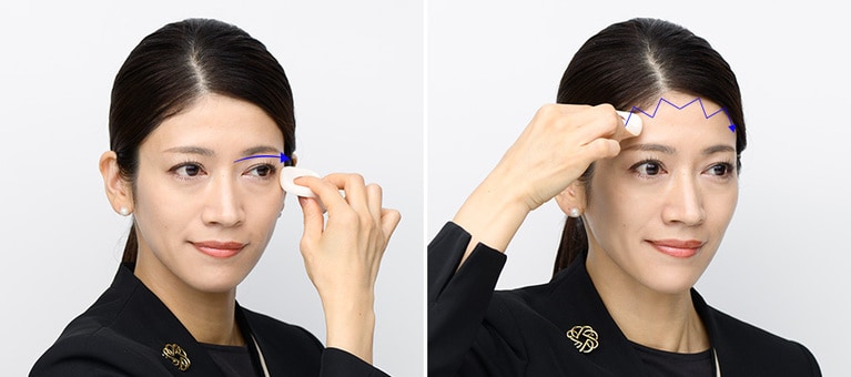 上下まぶたを優しくスライド。生え際はジグザグとぼかす。